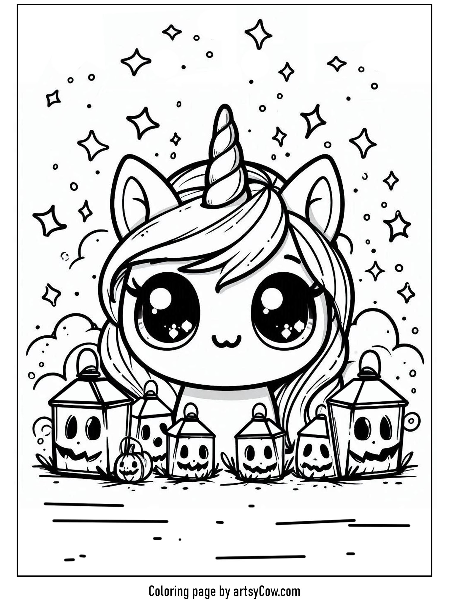 Halloween coloring pages with unicorn 2 featuring a cute unicorn surrounded by spooky lanterns with jack-o'-lantern faces.